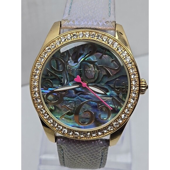 Betsey Johnson Abalone Dial Crystals Iridescent Purple Womens Watch New Battery - Picture 4 of 14